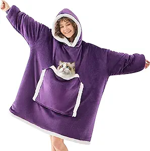 JOYWOO Purple Wearable Blanket Hoodie,Oversized Cat Lovers Sweatshirt Blanket for Adult & Teens,Birthday Gifts for Women Men Mom Girl Boys,Cozy Sherpa Blanket Giant Pocket Gifts,Dark Purple Small