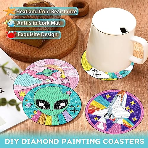 Miniatura 7 de Juego de 8 posavasos de pintura de diamantes alienígenas con soporte, posavasos de arte de diamantes de dibujos animados antideslizantes para