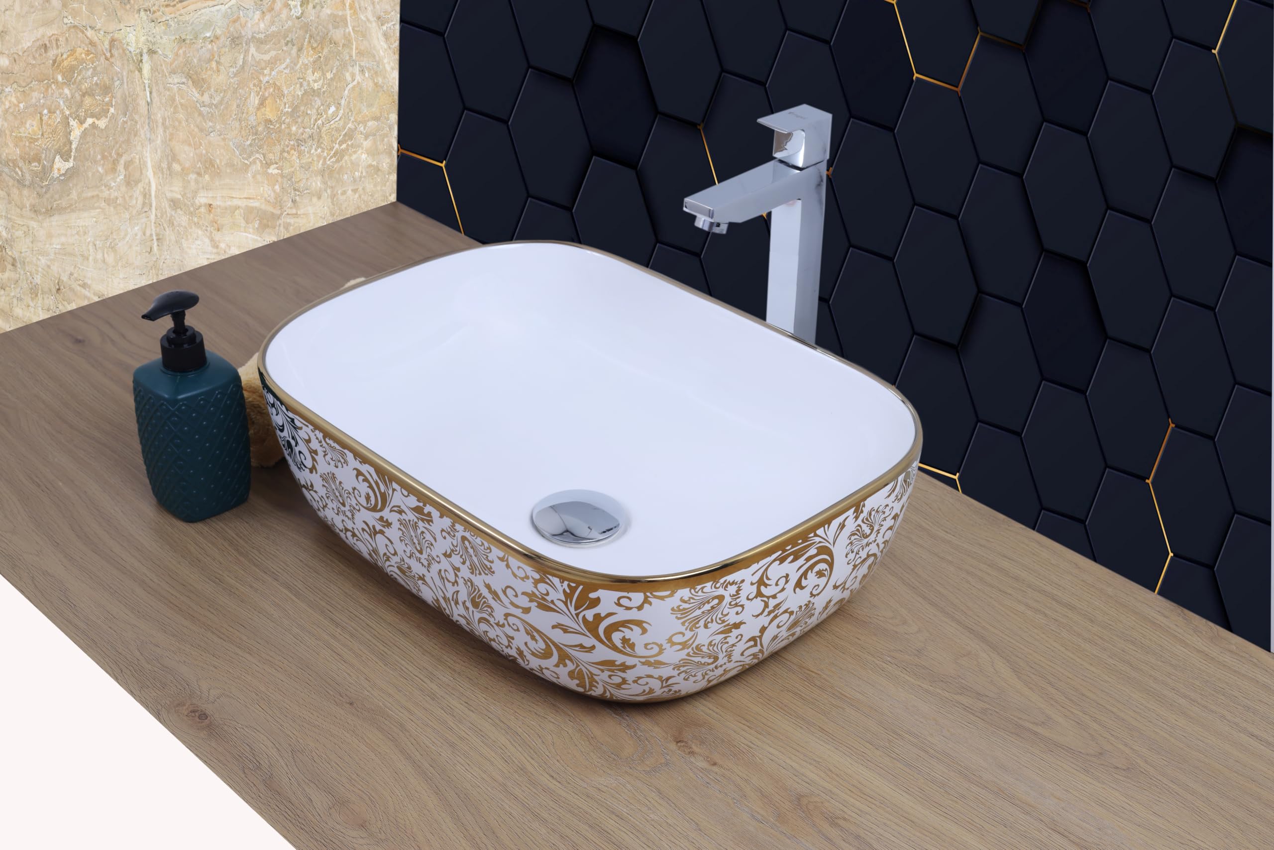 HISRE Table Top Wash Basin For Bathroom | Over Counter Top Wash Basin For Living Room | Washbasin Countertop | Tabletop Ceramic Bathroom Kitchen Sink (Style_8) SKT STONE WHITE, photo 1 of 4