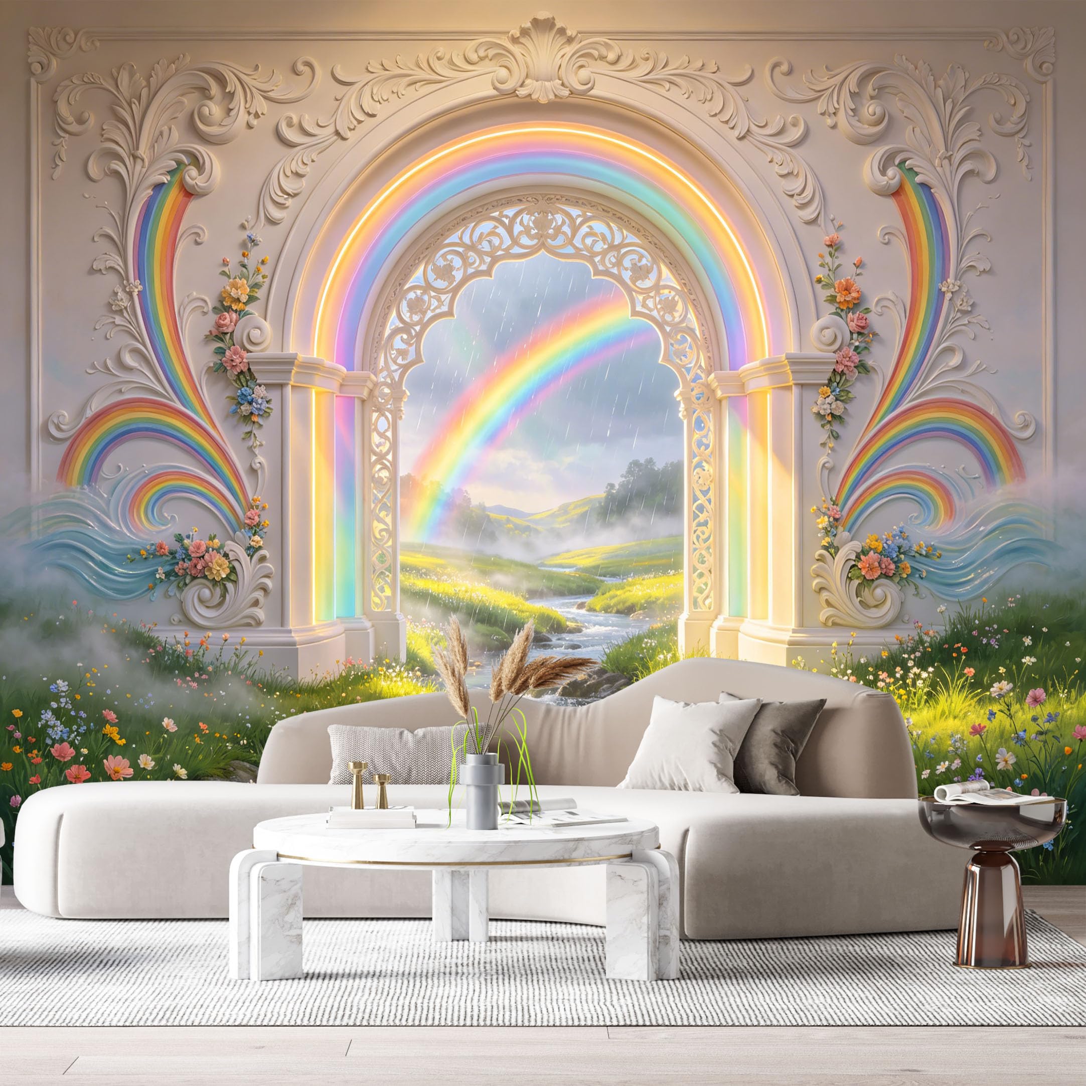 Custom Size Wall Murals Archway Rainbow Landscape Fantasy 3D Trompe L'Oeil SelfAdhesiveWall Fabric Removable Wallpaper Wall Decor for Living Room Bedroom Bathroom