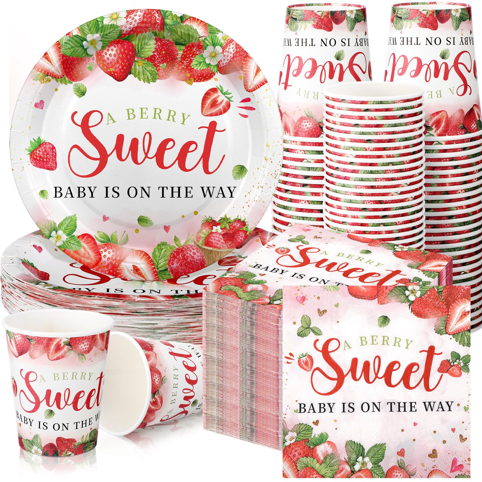 Hushee 200 Pcs Strawberry Baby Shower Paper Plates Napkins Cups Baby Shower Party Supplies Tableware Set a Berry Sweet Baby Is on the Way Disposable
