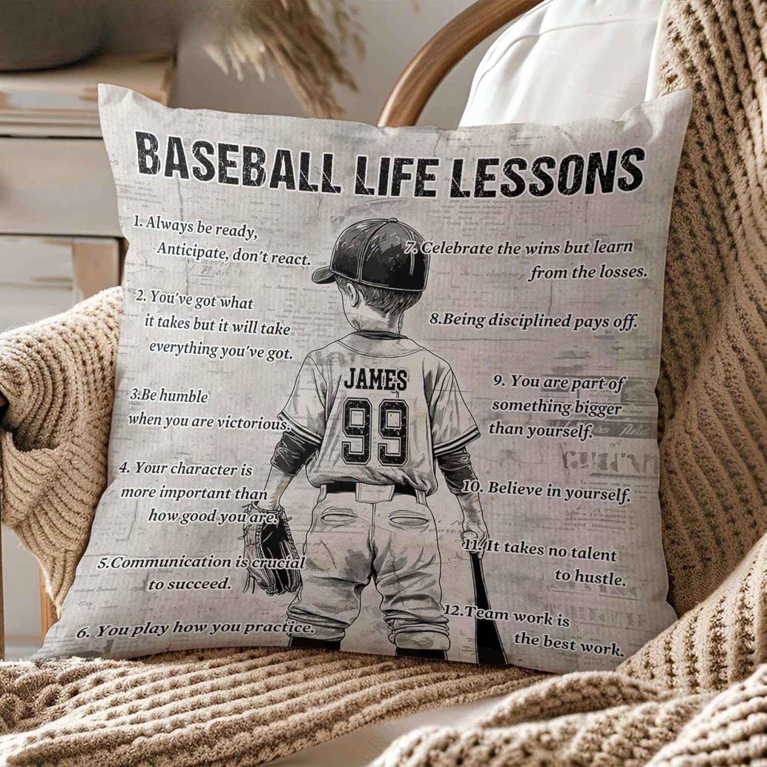 Personalized Kid Baseball Life Lessons Pillows - Gift for Young baseball Lovers, Personalized baseball Pillow - USA Made - Baseball Pillow with Jersey Number, Name - BASEBALL PILLOW For Boys Room