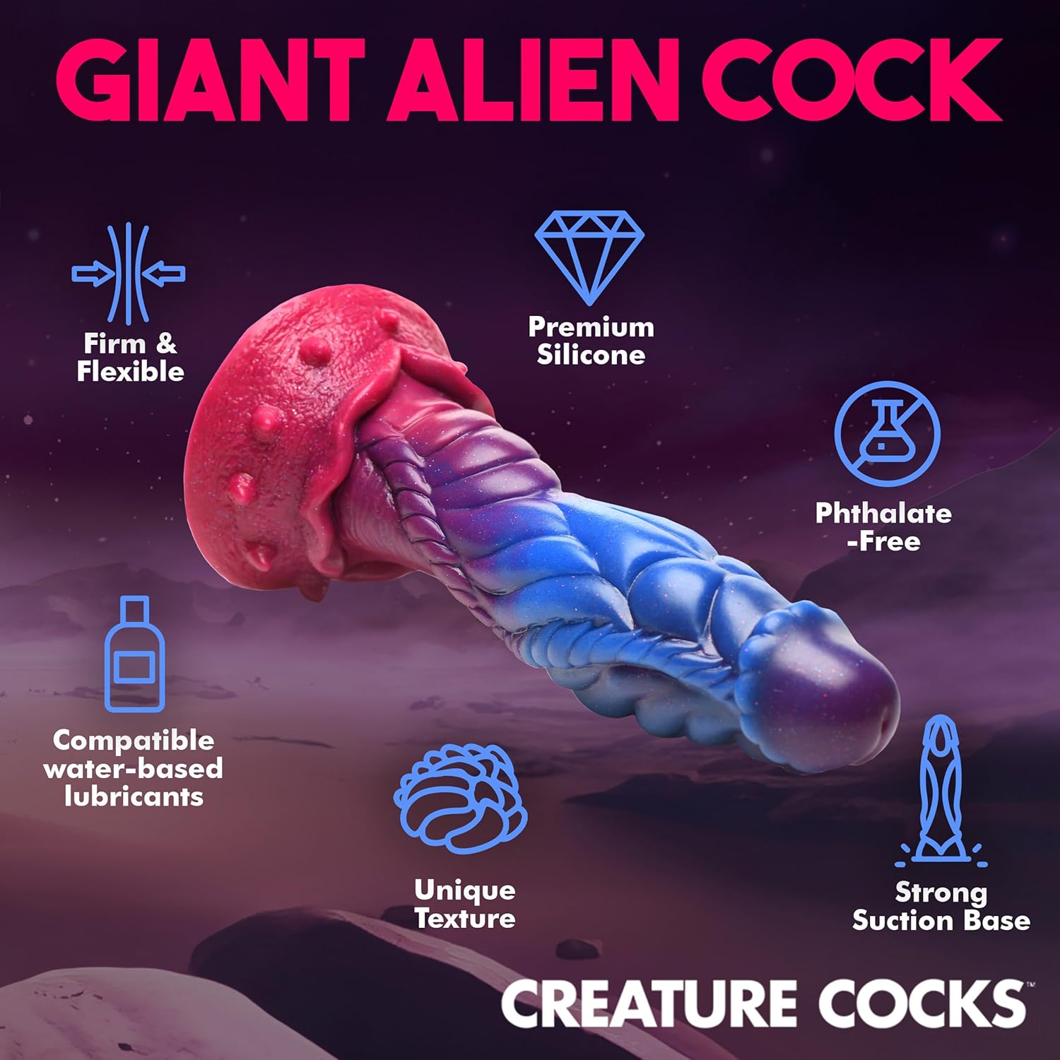 CREATURE COCKS Alien Silicone Dildo for Men, Women & Couples. Firm and Flexible, Strong Suction Base, Sci-fi Fantasy Dildo. Premium Phthalate-Free & Body-Safe Silicone. 1 Piece, Purple, Blue & Pink