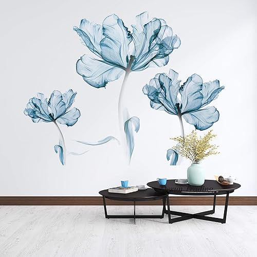 Vista 18 de DERUN TRADING Calcomanías de pared de flores de rosa azul, calcomanías de decoración murales para mujeres y niñas, cuarto de bebé, dormitorio