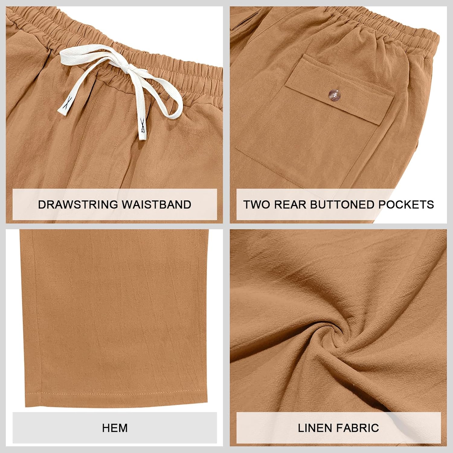 Mens Linen Pants Casual Summer Beach Pants Elastic Waist Drawstring Lightweight Vacation Trousers with Pockets - Image 6