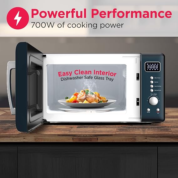 Frigidaire, 0.7 Cu. Ft. Retro Countertop Microwave Oven, 700W Compact Microwave with 8 Auto Cook Menus, Auto Defrost, 5 Power Levels, LED Display, Glass Turntable, Azure-Argent