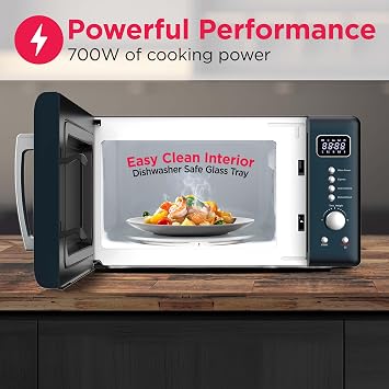 Frigidaire, 0.7 Cu. Ft. Retro Countertop Microwave Oven, 700W Compact Microwave with 8 Auto Cook Menus, Auto Defrost, 5 Power Levels, LED Display, Glass Turntable, Azure-Argent