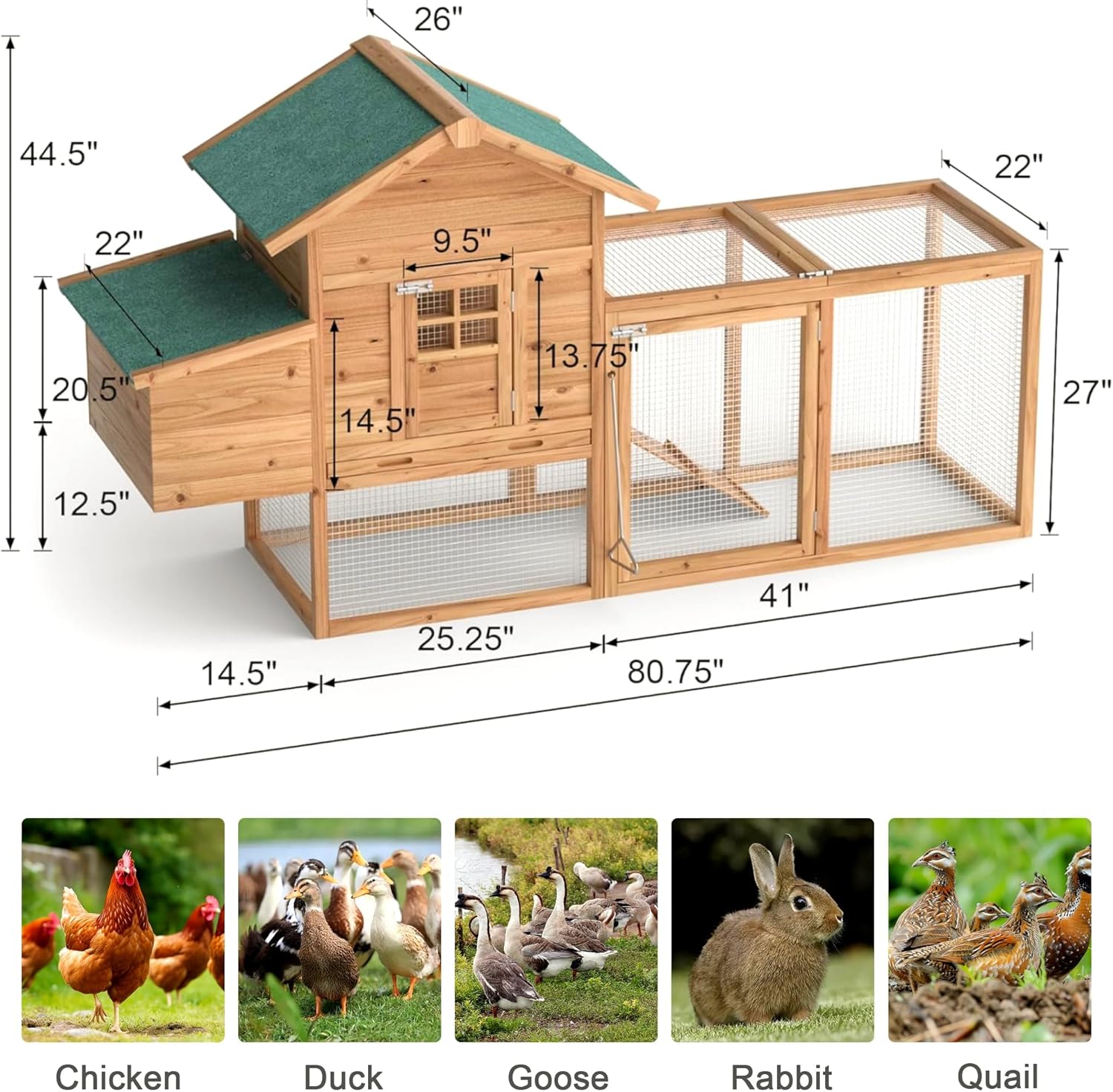 80" Chicken Coop Outdoor Rabbit Hutch Weatherproof with Runway, ramp, Pull-Out Tray, Garden Backyard Chicken Run Nesting Boxes for Chickens