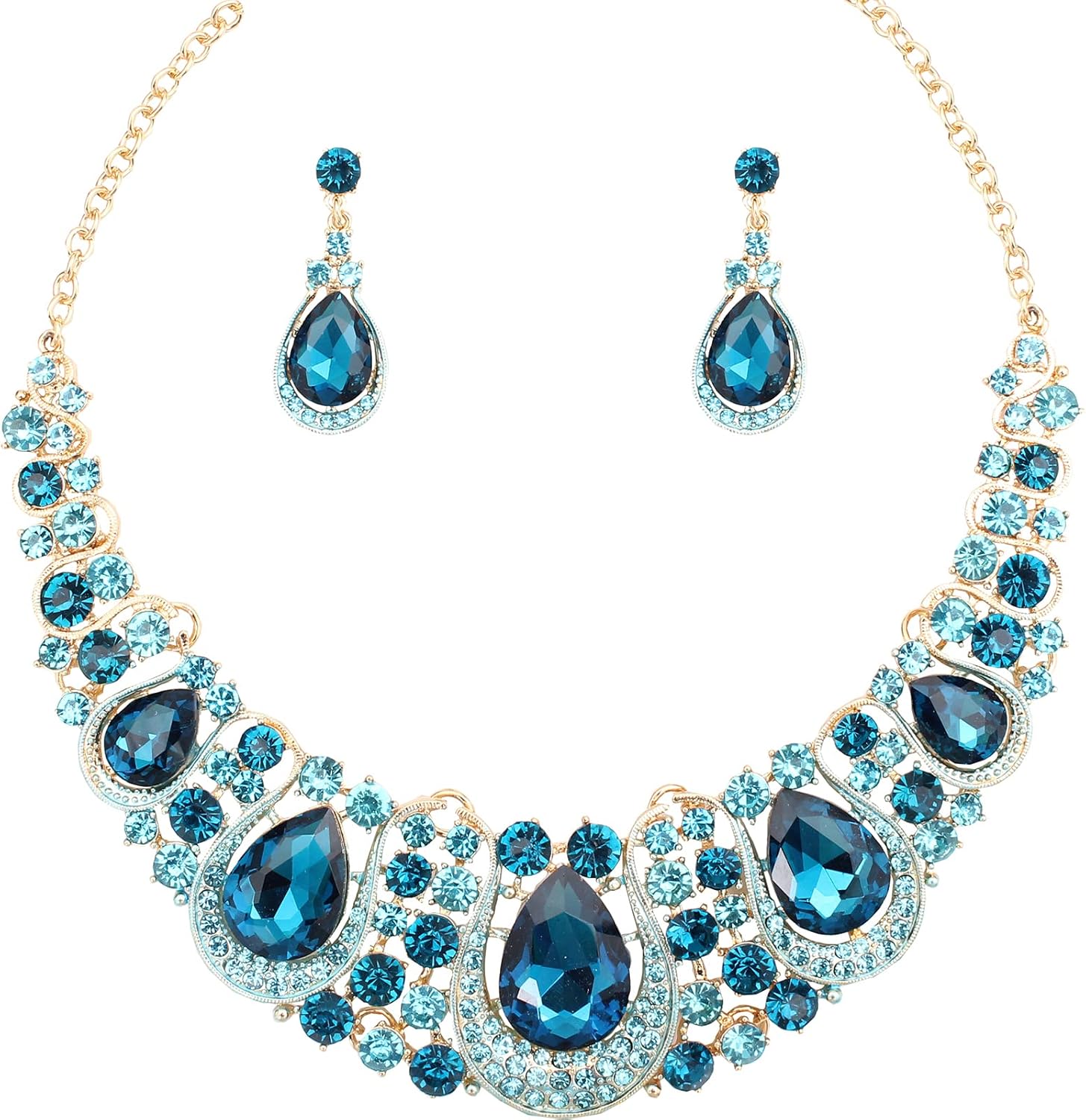 SFE Jewelry set for women, 14K Gold/Platinum Plated Costume Fashion Crystal Hollow Scroll Statement Necklace Dangle Earrings set for Bride Wedding Jewelry Set