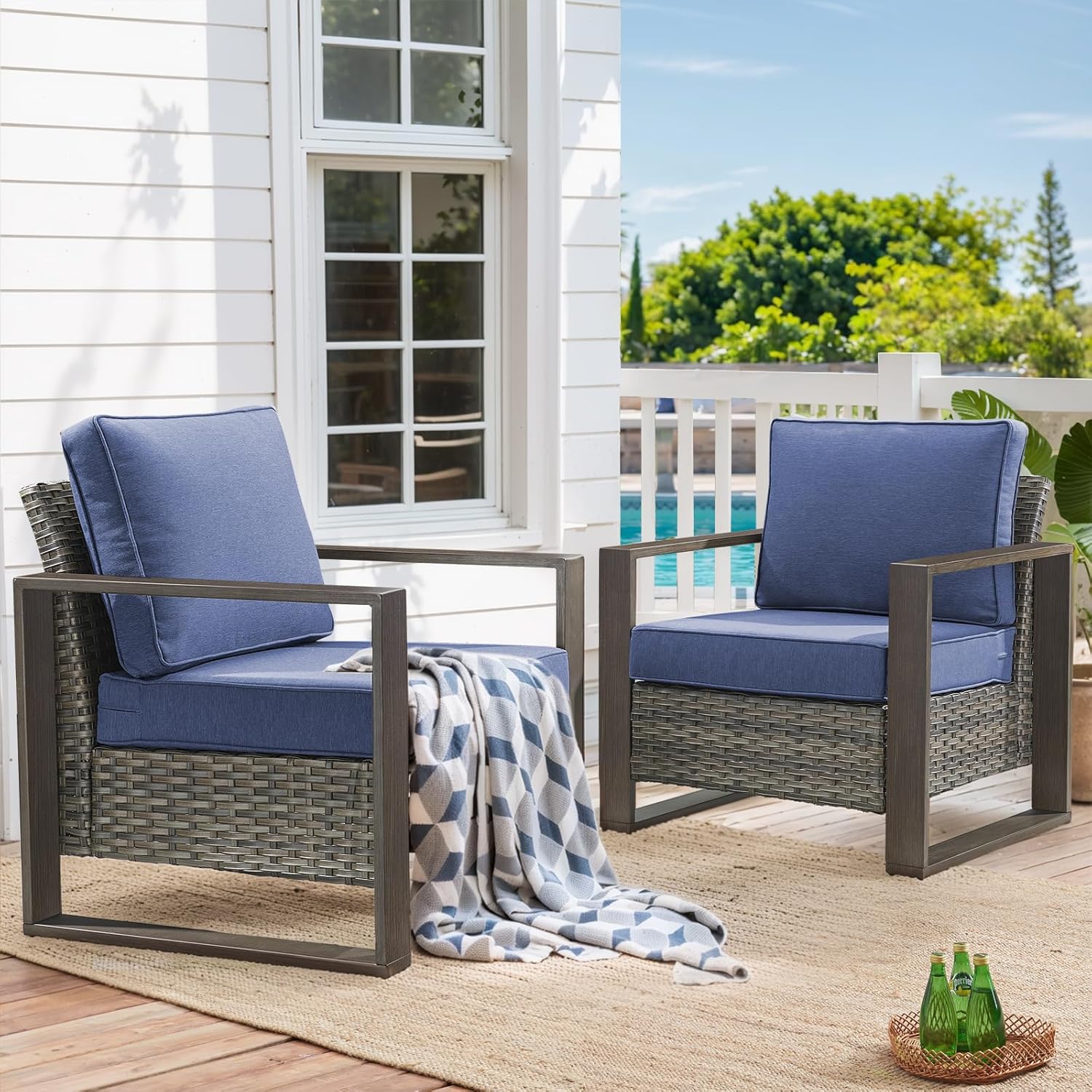 HUMMUH Patio Chairs Set of 2-High Back Rattan Wicker Chairs Outdoor Patio Chairs for Deck Porch Garden Balcony Poolside-Grey/Blue