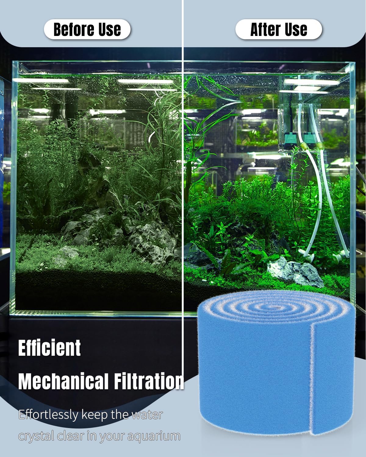 Before and after images of an aquarium showing improved water clarity with filter floss