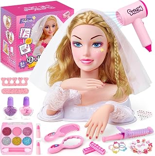 Toylink Blonde Bride Doll Head Hair Styling & Makeup Set for Girls 3-8, Pretend Play Salon Toy with Bridal Veil, Blowing Hairdryer, Curling Iron