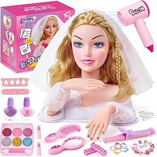 Doll Head for Hair Styling Kids Makeup Set, Blonde Bride Beauty Stylist Pretend Play Toy With Bridal Veil/ Hairdryer/ Curling Iron, Hair Salon Toy Birthday Gift For Girl 3 4 5 6 7 8+ Years Old