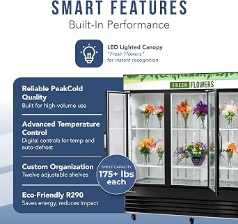 PEAKCOLD Floral Display Cooler, 57.5CuFt Flower Refrigerator, 3 Glass Doors