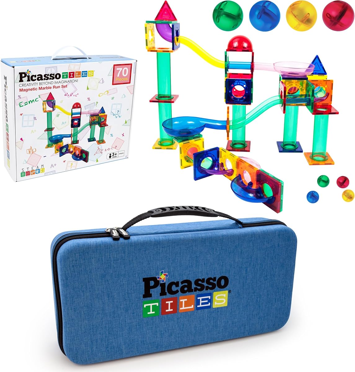 PicassoTiles Pista de carreras de mármol de 70 piezas + estuche de transporte: juego educativo STEAM para niños incluye organizador de almacenamiento de viaje – divertido juguete de construcción de aprendizaje, diseño creativo, desarrollo sensorial