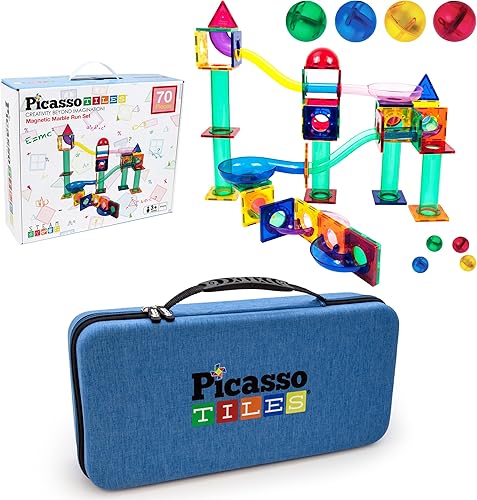 PicassoTiles Paquete de 70 pistas de carreras de mármol + estuche de transporte juego educativo STEAM para niños, incluye organizador de