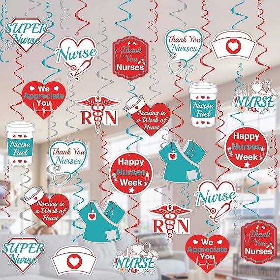 36-Piece Nurse Appreciation Hanging Swirl Decorations - Red & Blue Spiral Party Decor For Nurse Week