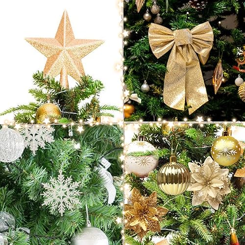 Miniatura 6 de Juego de decoración para árbol de Navidad, 88 piezas de adornos de Navidad dorados con bolas de adornos de Navidad de oro blanco, flores de Pascua