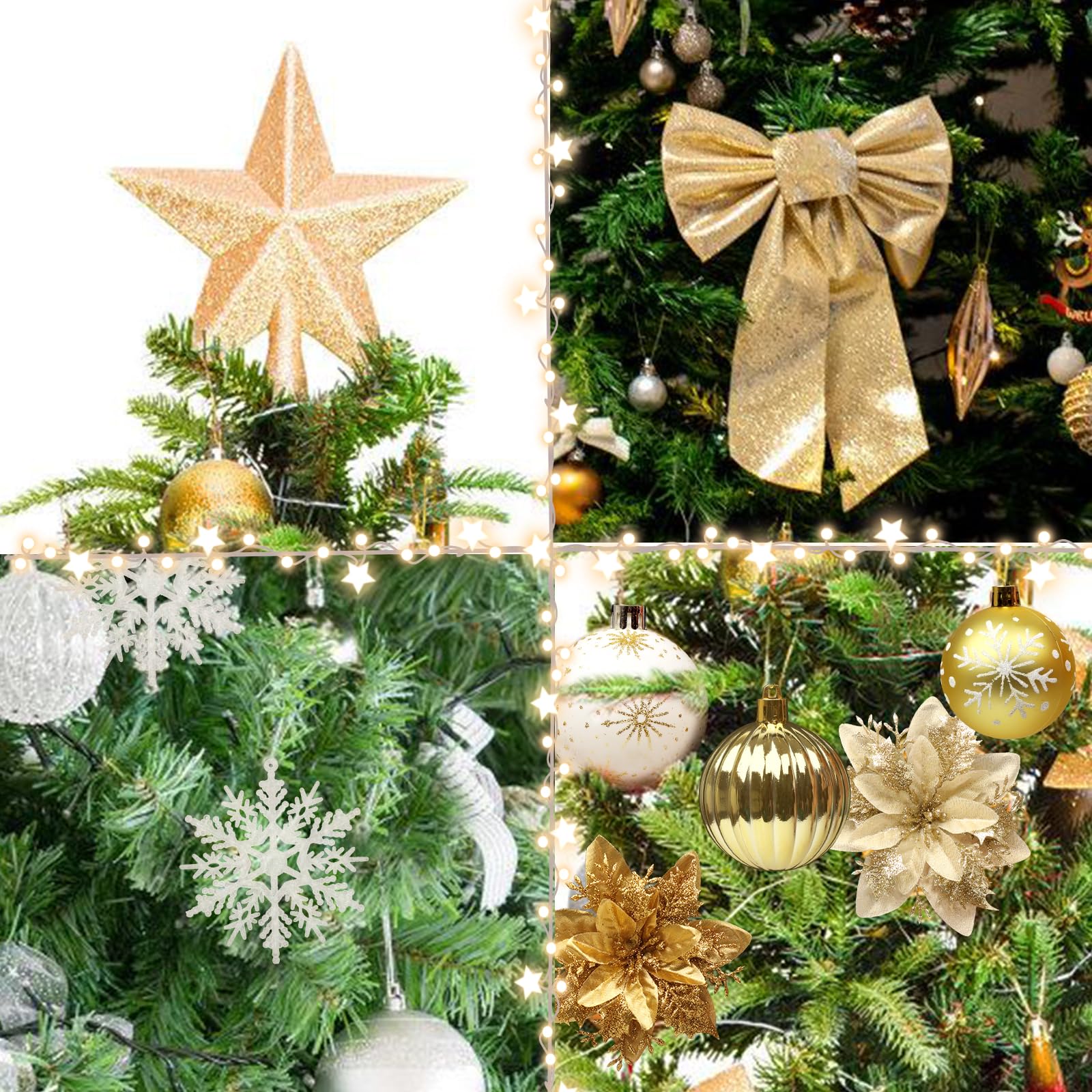Lot de 88 boules de Noël dorées avec fleurs de Noël, flocons de neige, nœud, étoile pour couronne de Noël, guirlande de Noël