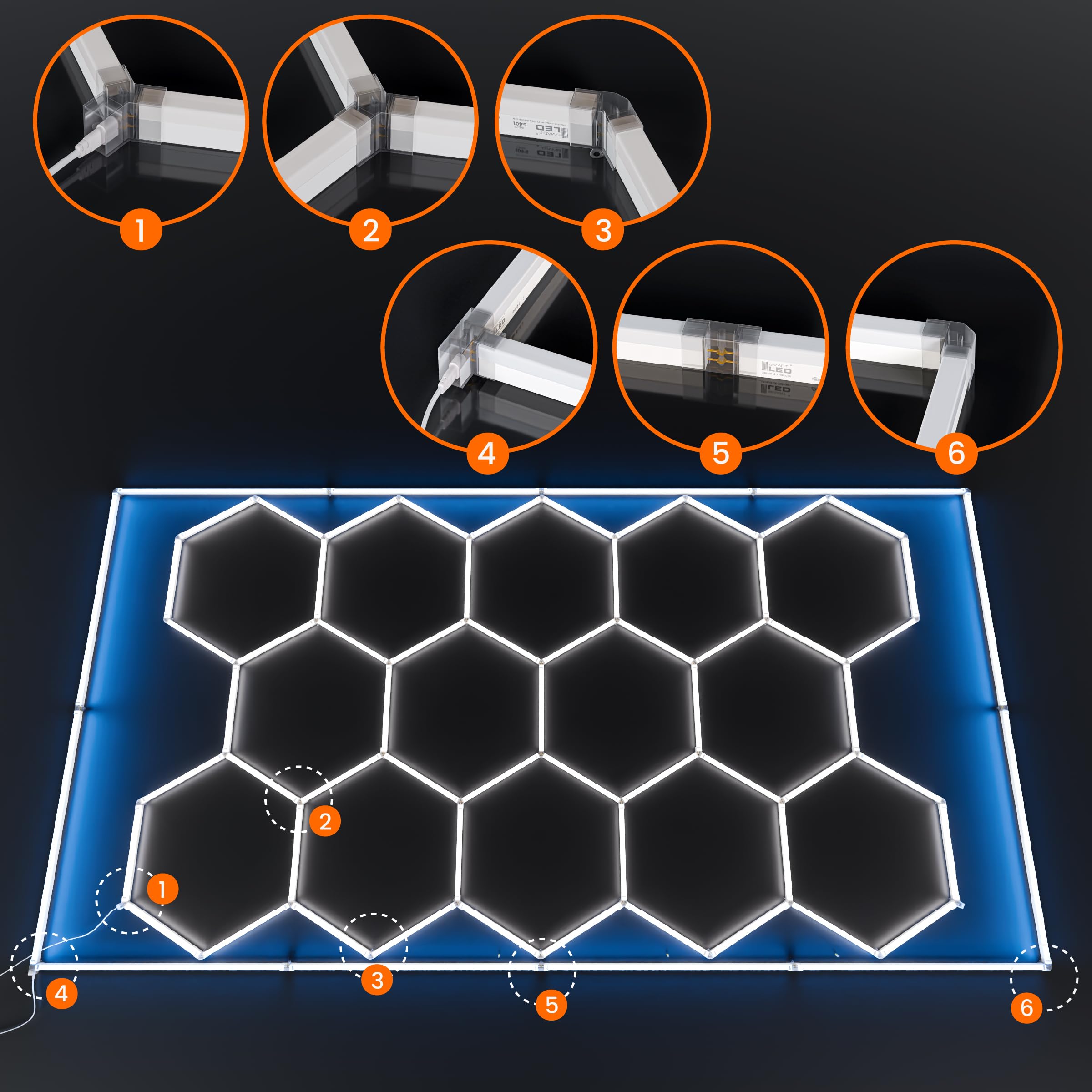 Hexagon LED Deckenlampe 484x243 cm – 64er Set Werkstattbeleuchtung 500W 57500lm – Kaltes Licht+blau – IP54 flimmerfrei – LED Garagenbeleuchtung, Tattoo, Detailing, (484x243CM, blauer Rahmen)