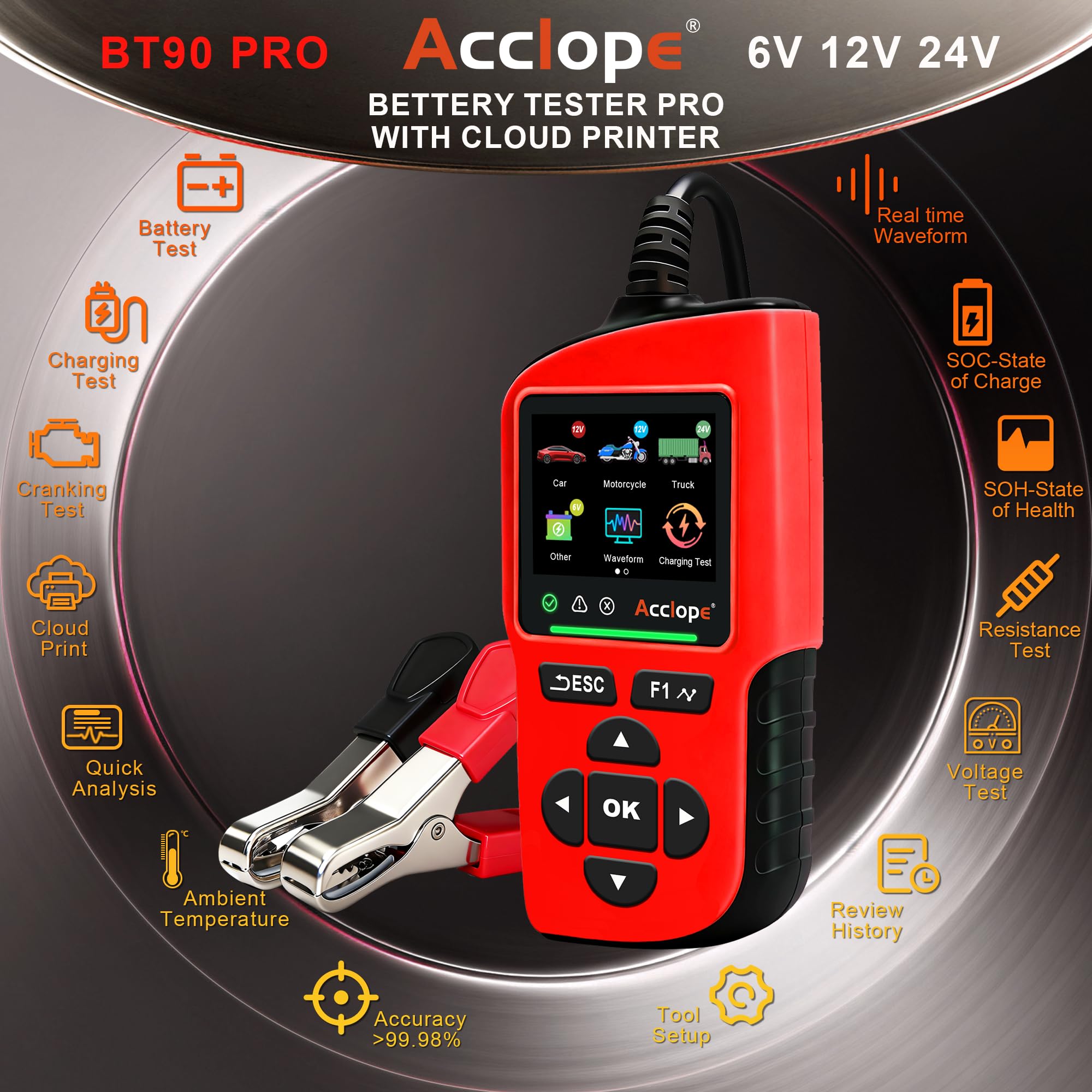 BT90 PRO - Tester per batteria, 6 V/12 V/24 V, per AGM/EFB/GEL/LiFePO4, 2 – 360 Ah, 30 – 3800 CCA, con stampa cloud, test di avviamento, nero, SAE/EN/IEC/CA/MCA, SOH/SOC/tensione/resistenza