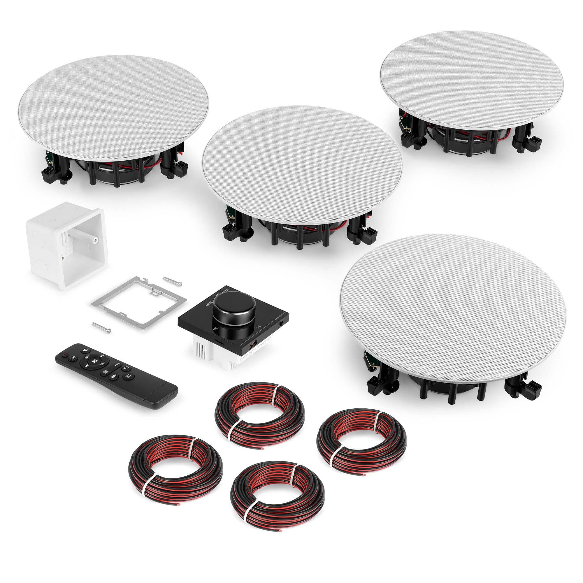 Power Dynamics Powerline B100BSet Amplificateur Mural Stéréo 4x25W Noir avec 4 Enceintes de Plafond 6,5" Blanches, Installation Discrète, Idéale Maison et Pro