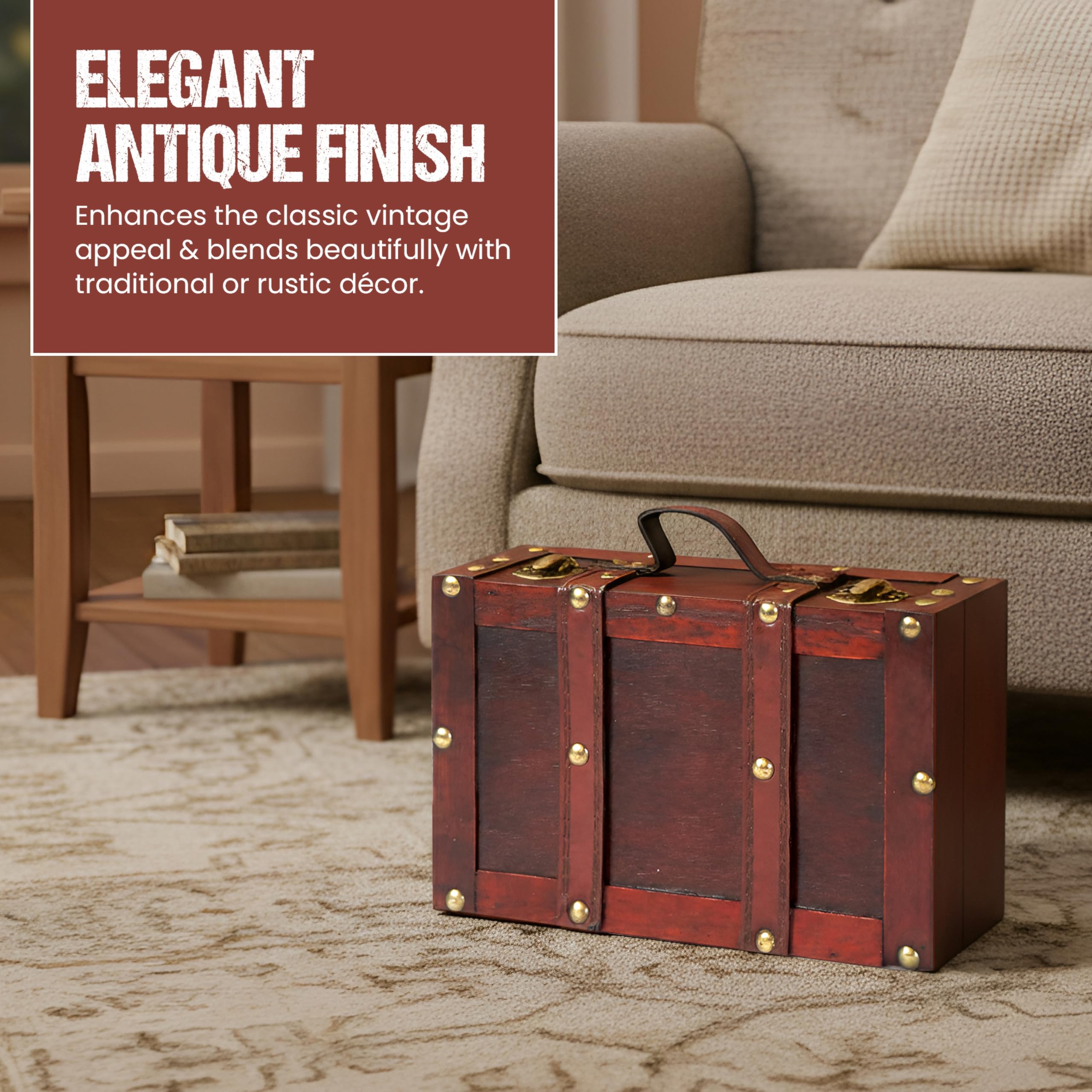 Vintiquewise Old Style-Valigia Decorativa con Cinghie, Set da 2 Pezzi, Legno, Marrone, 38.1 x 26.67 x 13.97 cm