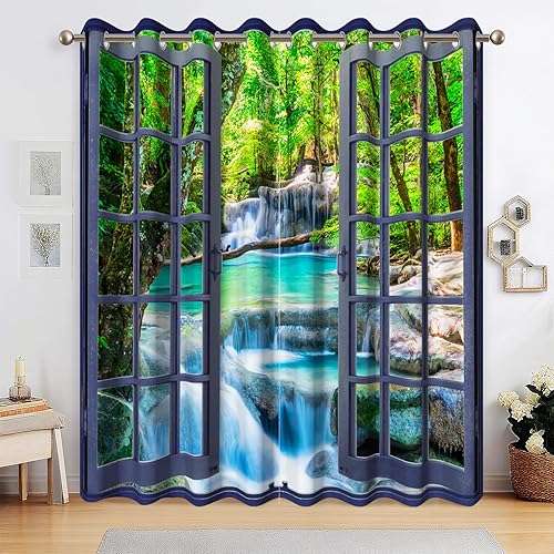 Miniatura 2 de Cortinas opacas de cascada con estampado 3D de ventana de paisaje natural, cortinas para sala de estar, panel de cortina de río con ojales aislados