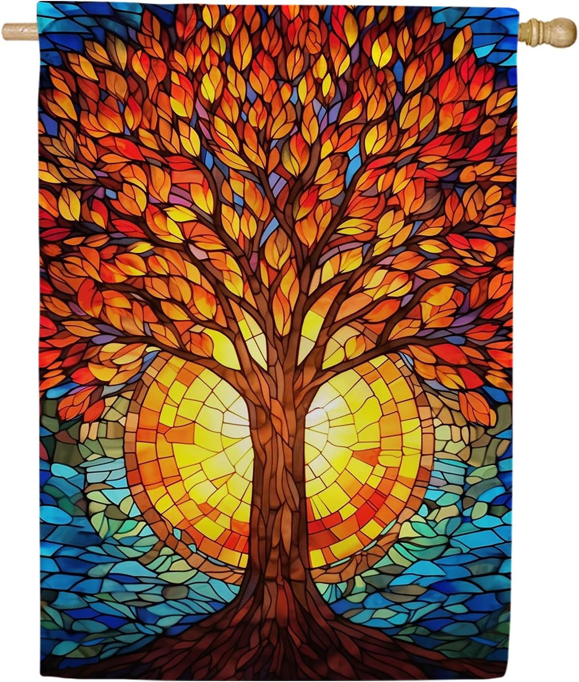 America Forever Stained Glass Tree House Flag, 28 x 40 inches Double Sided, Vibrant Fall with Sun, of Life, Autumn Seasonal Outdoor Flags for Yard, Lawn, and