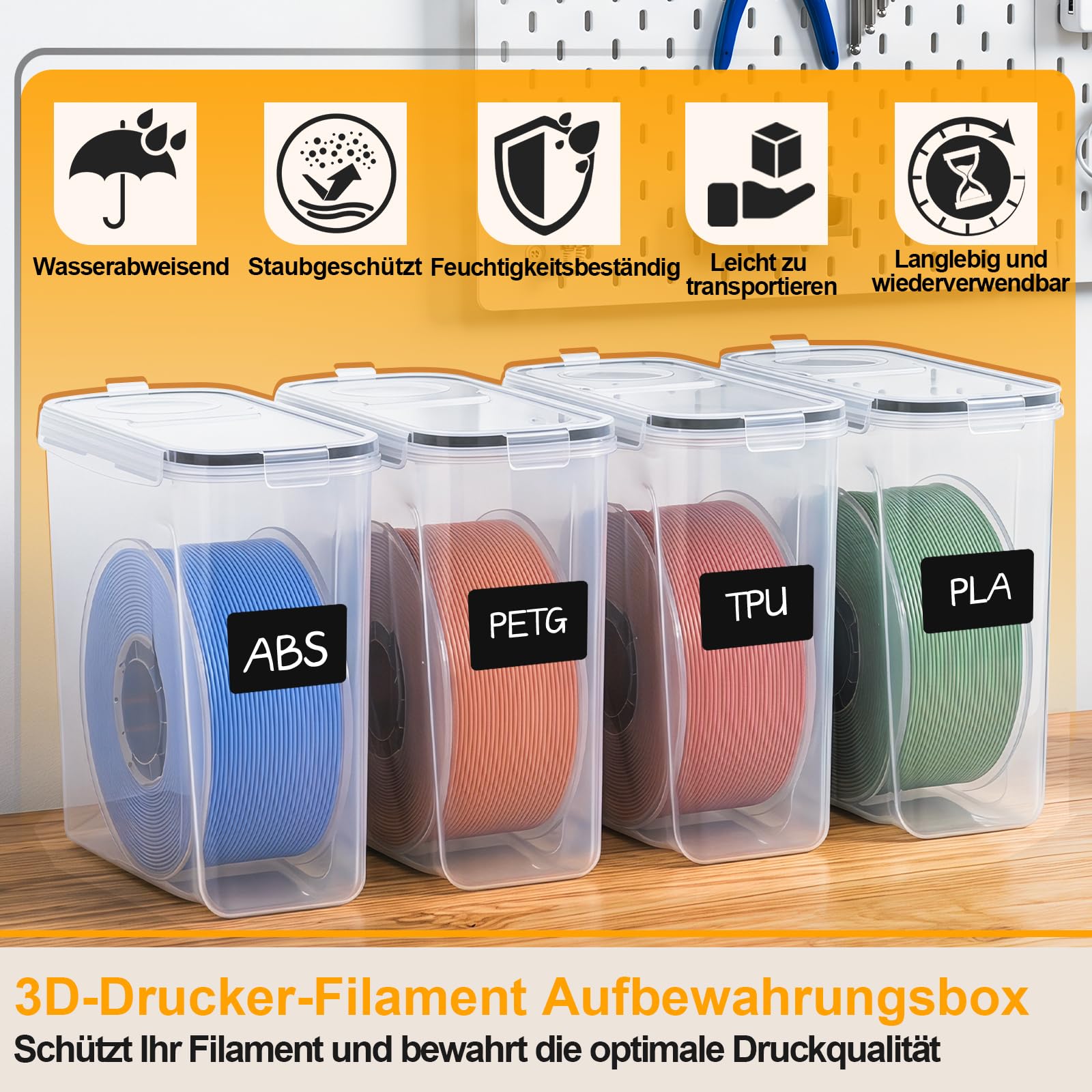 3D Filament Aufbewahrungsbox 4L 6er Set für PLA PETG ABS TPU | 4L PP-Box mit Silikondichtung, Etiketten, Marker und Trockenmittel; ideal für Filament Lagerung in Regal und Werkstatt