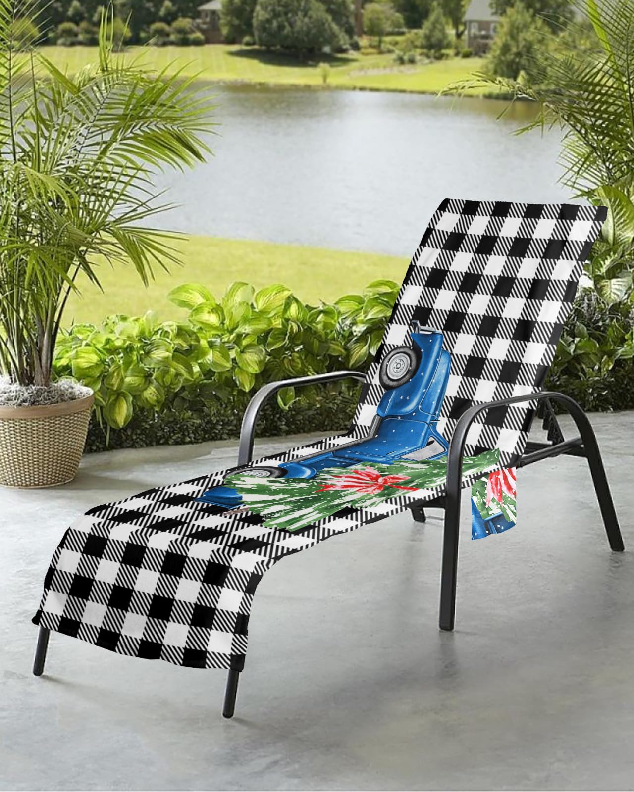 Christmas Truck Beach Chair Towel Covers for Chaise Lounge With Side Pocket, Soft Plush Pool Towels Cover for Patio Sunbathing Outdoor 29''x85'' Buffalo Plaid Black Xmas Tree