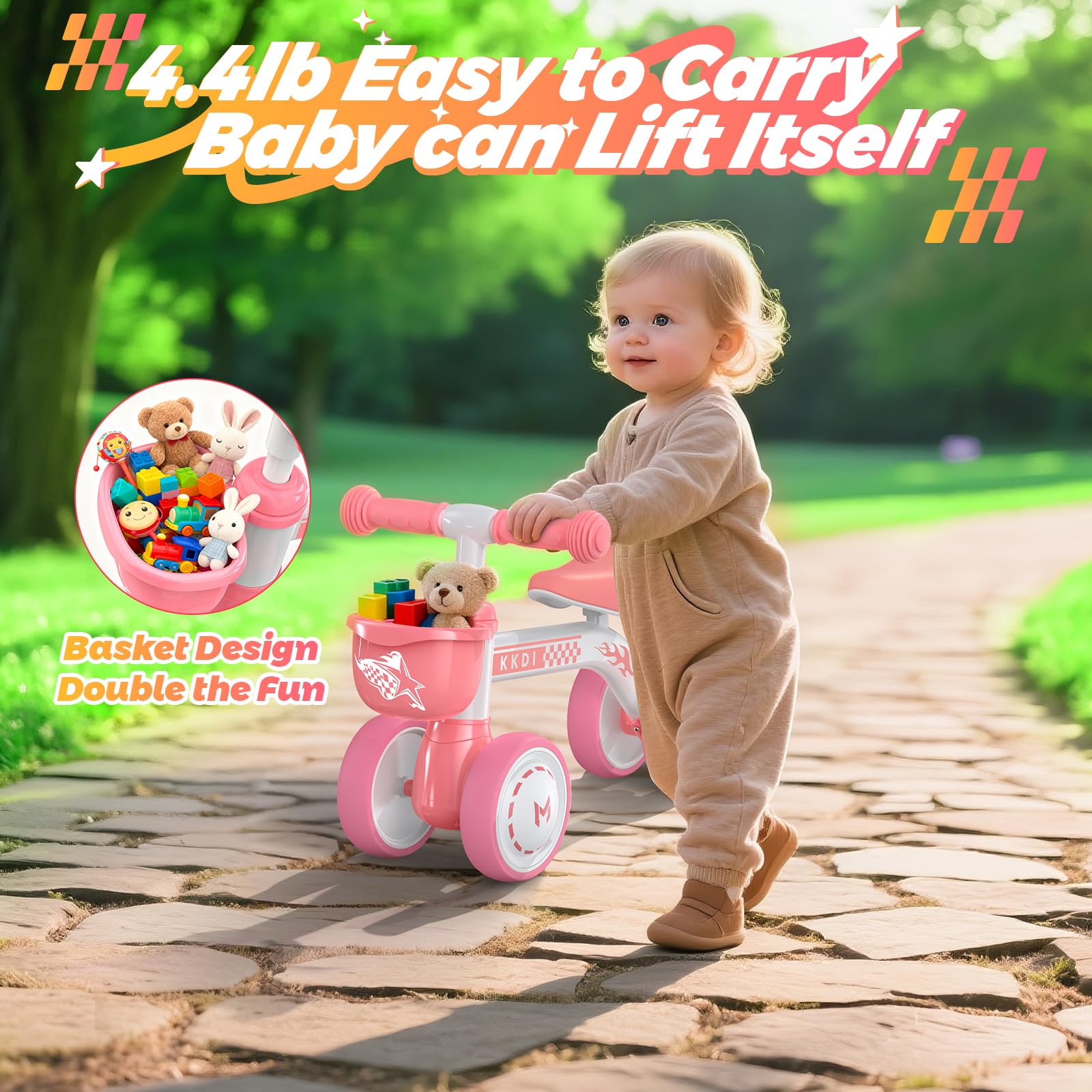 Juguetes de bicicleta de equilibrio para bebés de 1 a 2 años, bicicleta de bebé con iluminación colorida, regalos de Navidad de primer cumpleaños para niñas de 1 a 2 años, 4 ruedas silenciosas, sin 6
