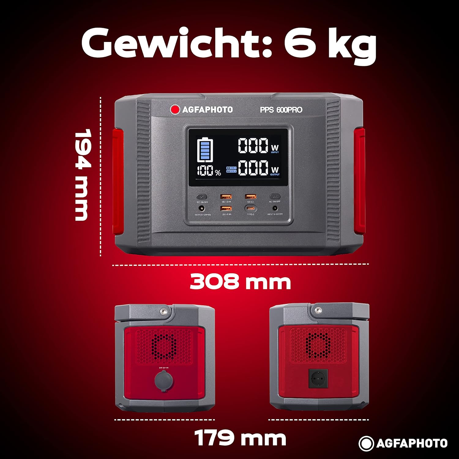 Dimensions of AgfaPhoto Powerstation PPS 600 Pro: 308 mm length, 179 mm width, 194 mm height, and 6 kg weight