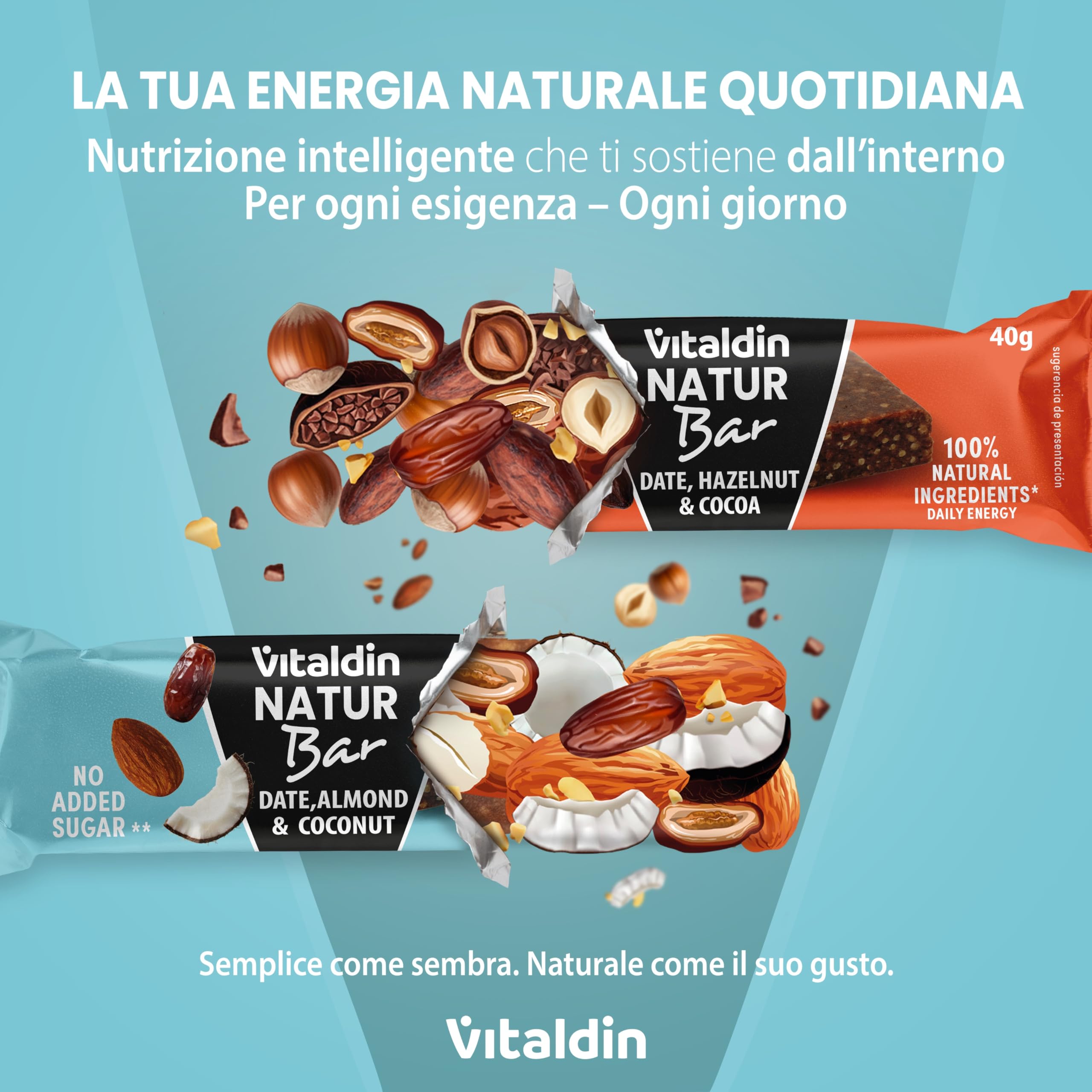 VITALDIN Barrette Energetiche Natur Bar Mandorla e Cocco – Senza Zuccheri Aggiunti e Vegane – Barrette Naturali con Datteri e Frutta Secca – Confezione da 12 x 40g