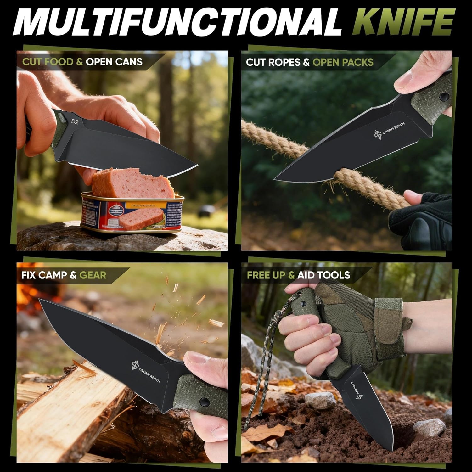 Dream Reach Fixed Blade Knife - D2 Steel Tactical Knife with Ergonomic Full Tang Handle and Kydex Sheath for Outdoor Camping Survival Gift for Men Women Green
