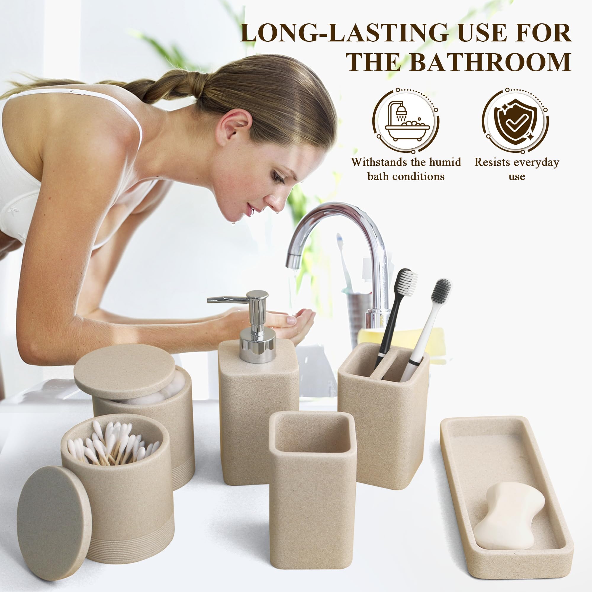 YMXYJM Juego de accesorios de baño, juego de 6 piezas con soportes para cepillos de dientes, dispensador de jabón, bandeja de tocador, vaso, tarros de hisopo de algodón, organizador de baño, juegos de