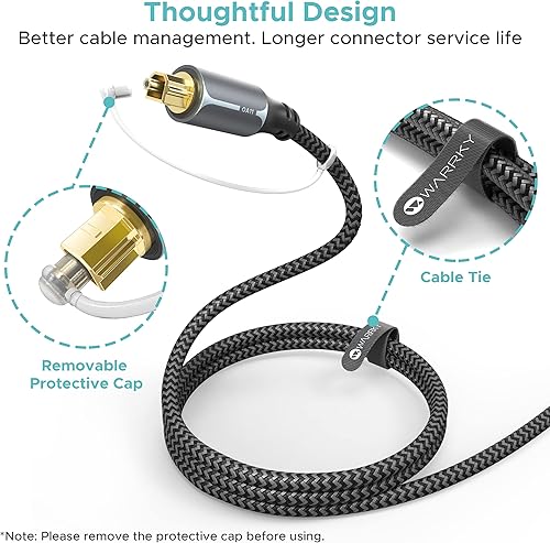 Miniatura 7 de Warrky Cable de audio óptico, cable óptico de 6 pies para barra de sonido nailon trenzado, funda de metal delgada, enchufe chapado en oro, cable de