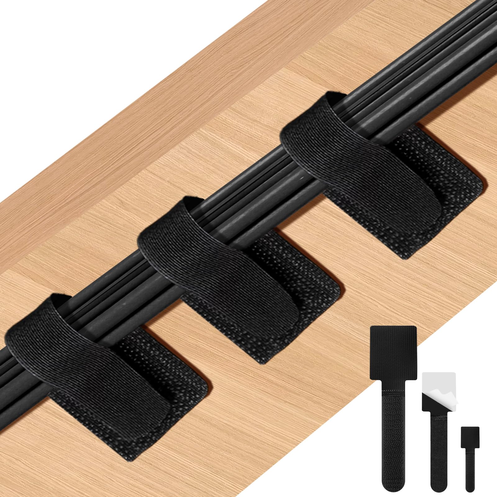 shinfly 80 PCS Under Desk Cable Management Set, Self Adhesive Cable Tidy Straps, Reusable Hook and Loop Cable Organizer, Cable Ties, Wire Organiser for TV, PC, LED-Strip (Black)