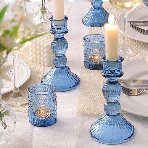 Miniatura 4 de DARJEN Juego de 4 portavelas azules de vidrio a rayas verticales para candelabros y velas cónicas, portavelas cónico para bodas, fiestas, decoración