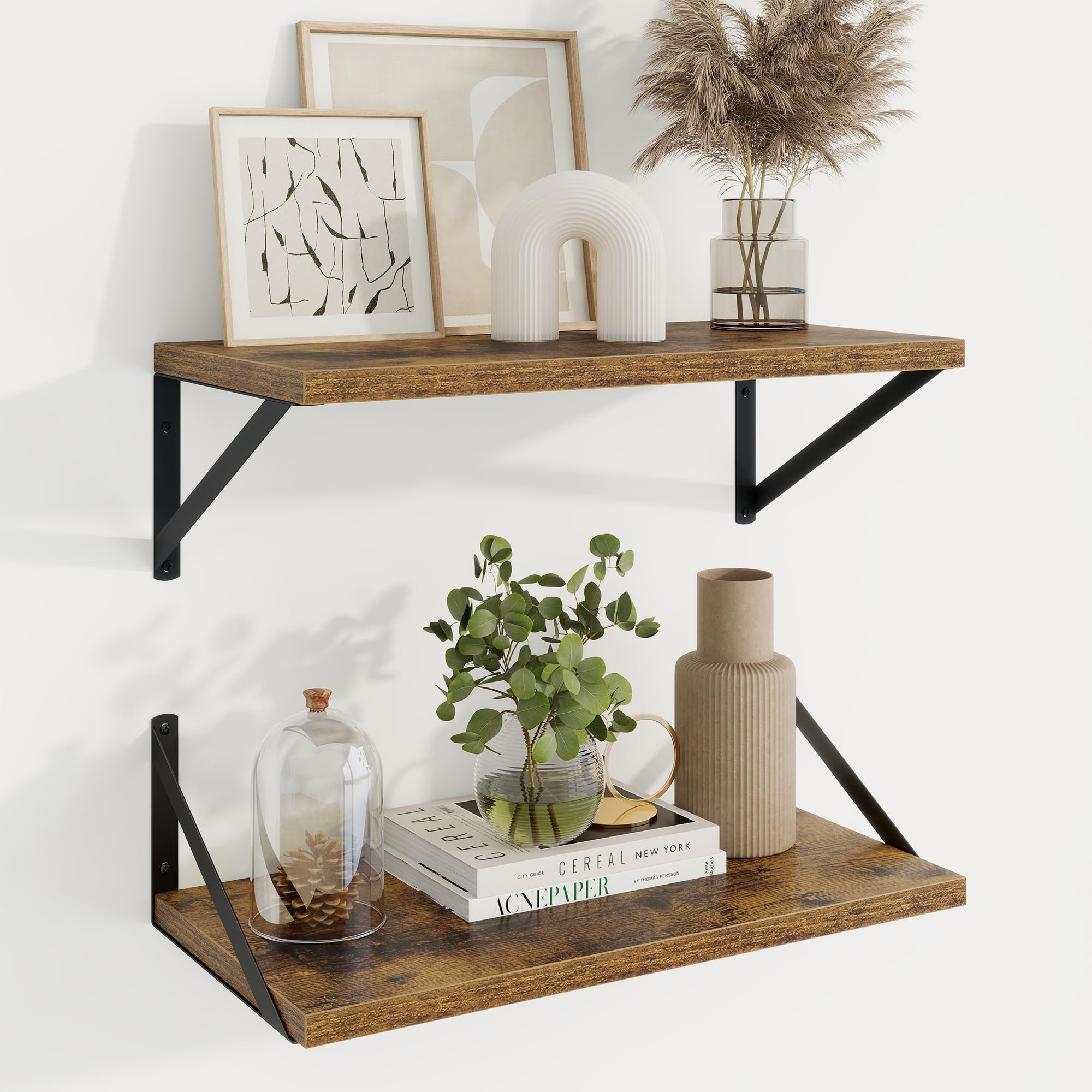 Axeman Deep Floating Shelves | 20 Inch Brown Wall Shelves Set of 2 | 10 Inch Deep Rustic Wood Shelves for Wall | 20'' W x 10''D Brown Shelves for Living Room Bathroom Kitchen — image 1