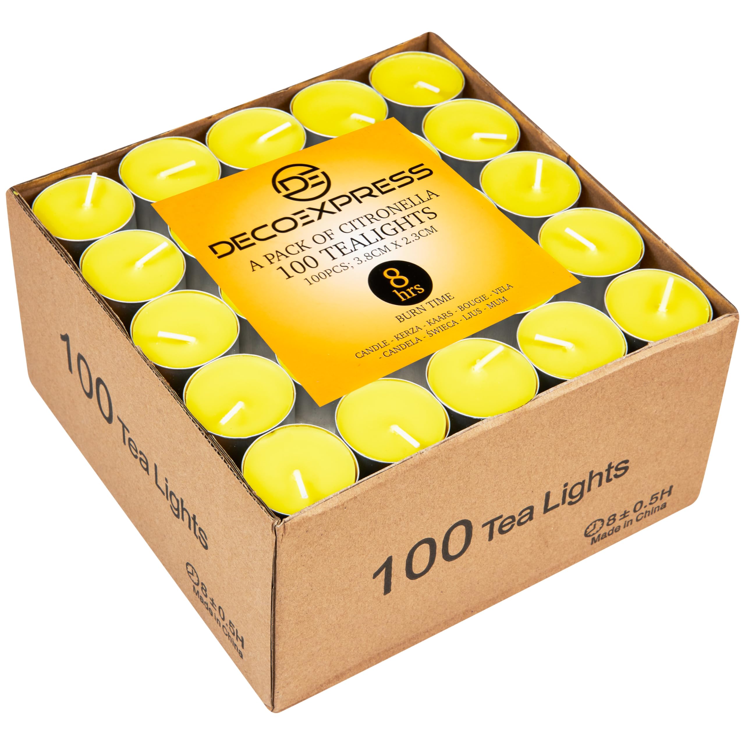 Deco Express Citronella Tealight Candles Multipack of 50 or 100-4 or 8 Hours Burning Time Outdoor Candles (8 Hours x 100)