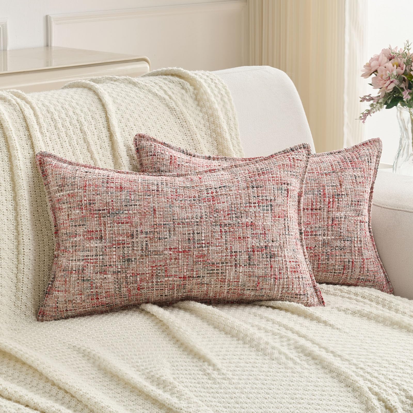 FUTEI Set of 2 Soft Tweed Chenille 30x50 cm Cushion Covers Farmhouse Micro-Check Textured Scatter Pillowcase 30 x 50 cm Vintage Accent for Sofa Bed Living Room, Blush