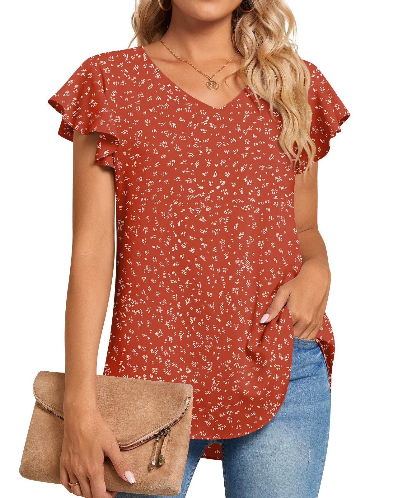 TAOHUADAO Women Summer Tops V Neck Ruffle Short Sleeve T-Shirts Chiffon Blouses