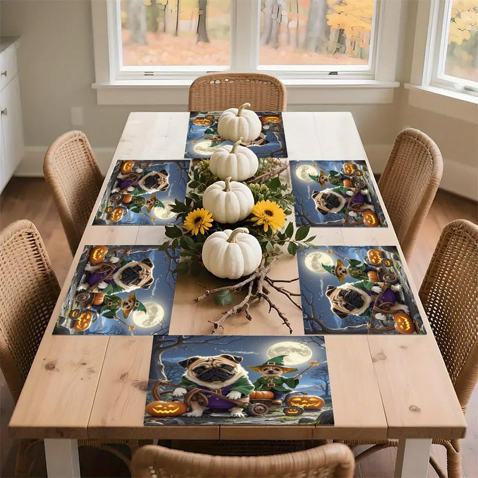 Dog and Pumpkin Carriage Placemats Non-Slip Heat Resistant Table Mats Flax Washable Cloth Place Mats Easy to Clean Premium Placemat for Kitchen Dining Table Decor Party Outdoor