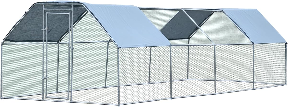 PawHut Large Chicken Coop Metal Chicken Run with Waterproof and Anti-UV Cover, Flat Shaped Walk-in Fence Cage Hen House for Outdoor and Yard Farm Use, 1.3" Tube Diameter, 9' x 24' x 6.5'