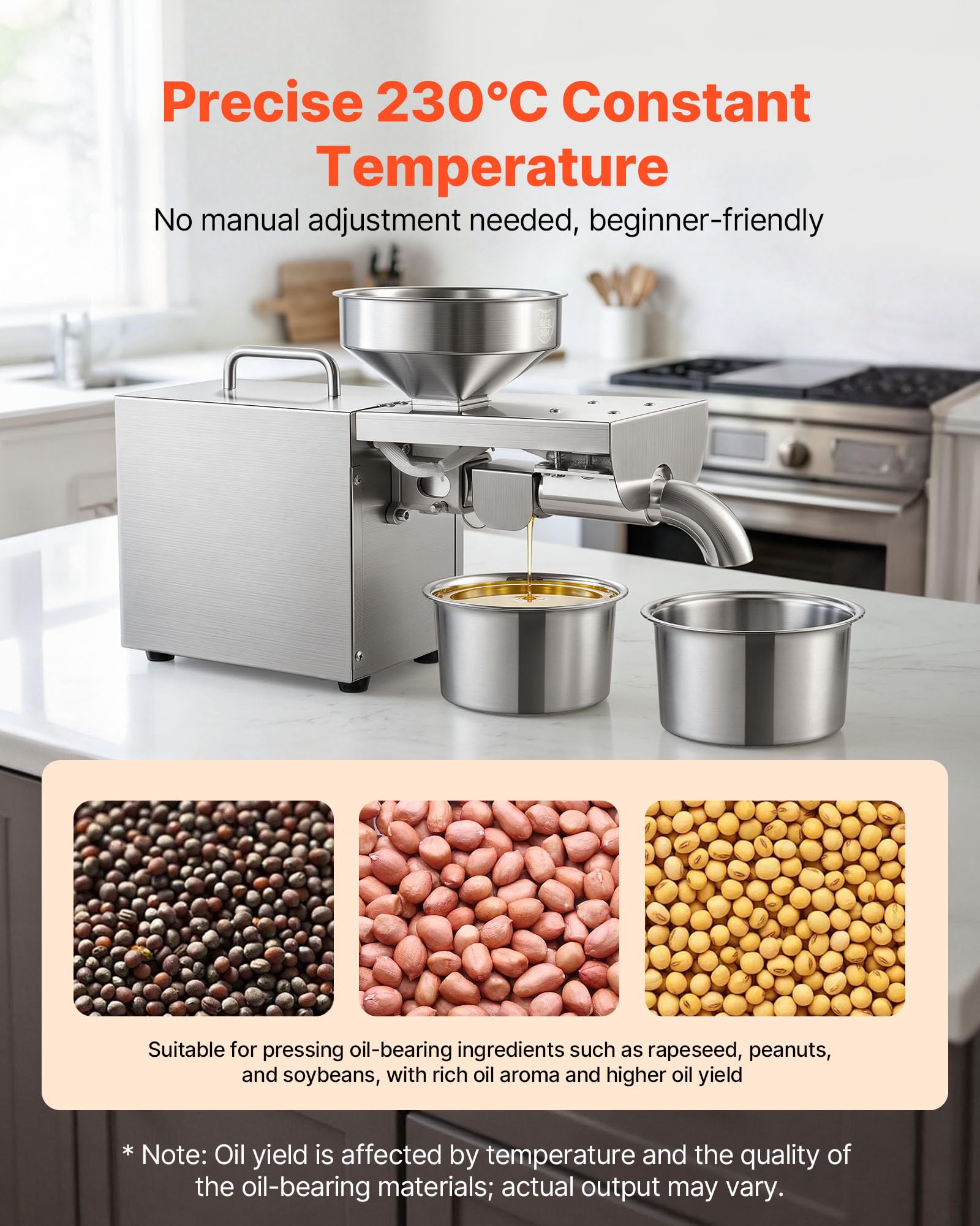 VEVOR Prensa de Aceite Eléctrica 700 W, Máquina de Prensado de Aceite 3,75 kg/h, Prensado en Caliente a 230 °C, Extractor de Acero Inoxidable, Uso Doméstico y Comercial, para Cacahuetes, Soja