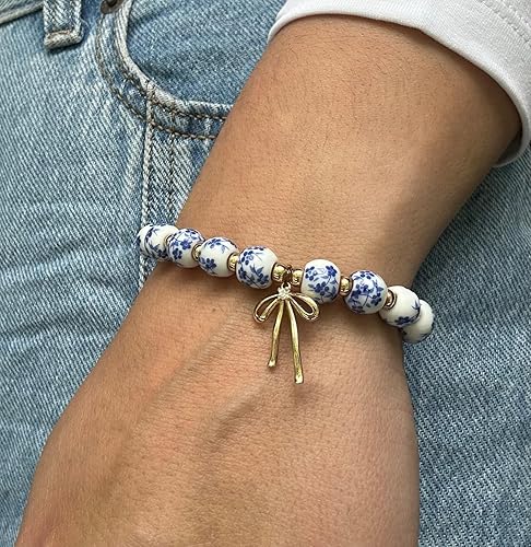 Miniatura 2 de Pulsera con dije de lazo y cuentas para mujer, estilo vintage con flores, hecha a mano, elástica y delicada, ideal como regalo romántico de joyería