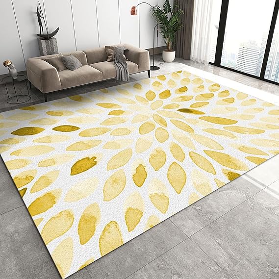 White Area Rugs, Simple Yellow Watercolor Painting Floor