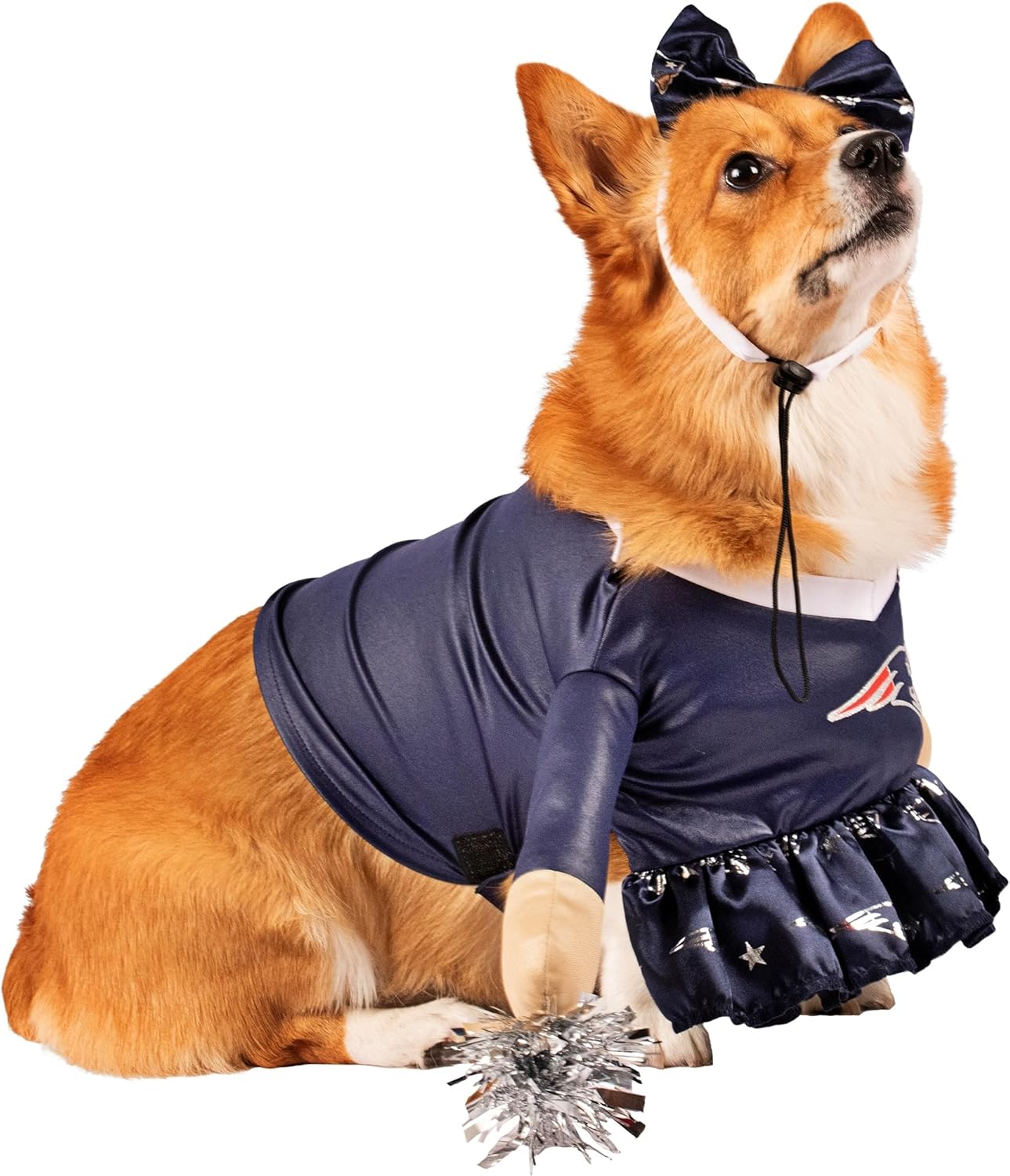 NFL New England Patriots Officially Licensed Cheer Dog Costume Includes Dress with Faux Stuffed arms and Tinsel pom-poms and Satin Bow Headband (X-Large)