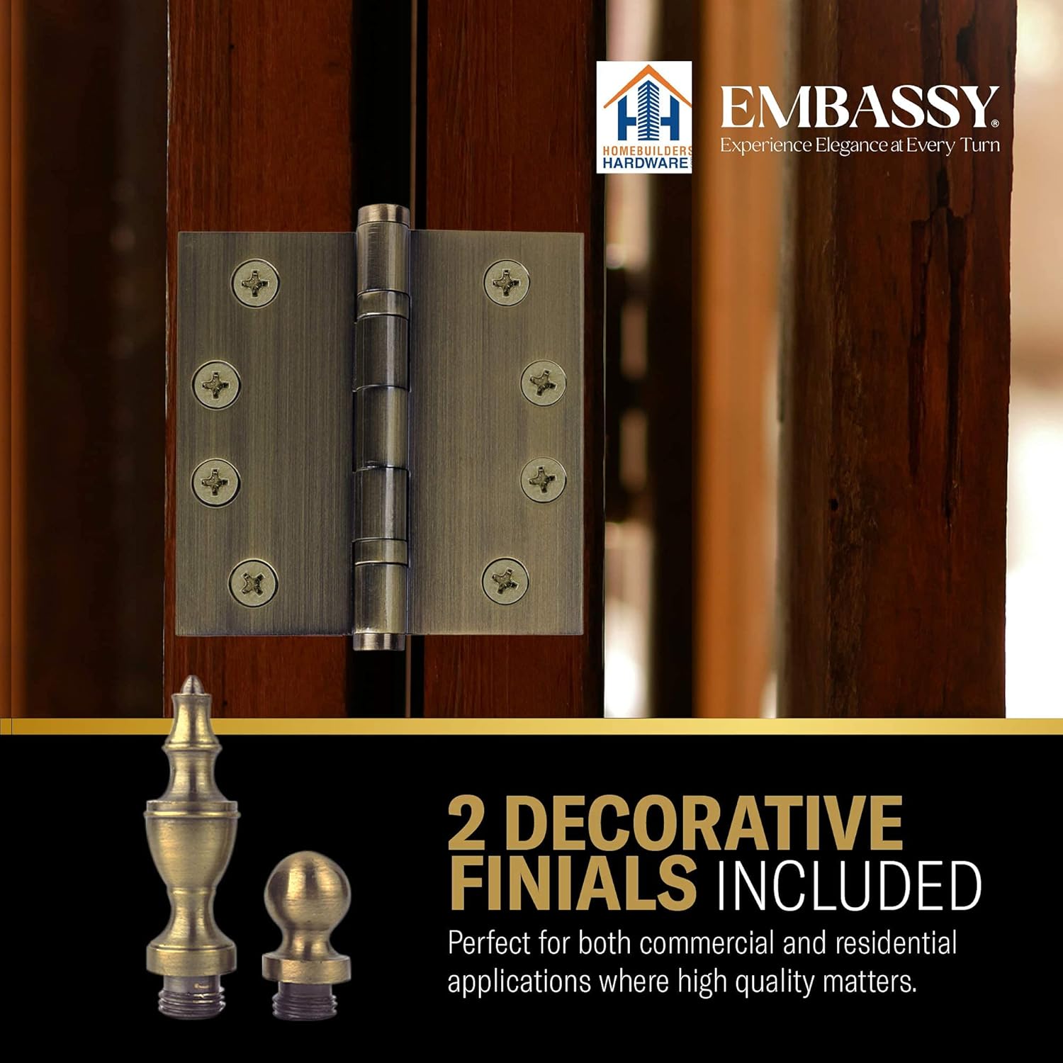 EMBASSY Door Hinge Solid Brass - 3 x 3 Inch, Heavy Duty, Antique Brass, Rust Resistant Pin, Architectural Designer Grade, Home Improvement, 2 Pack